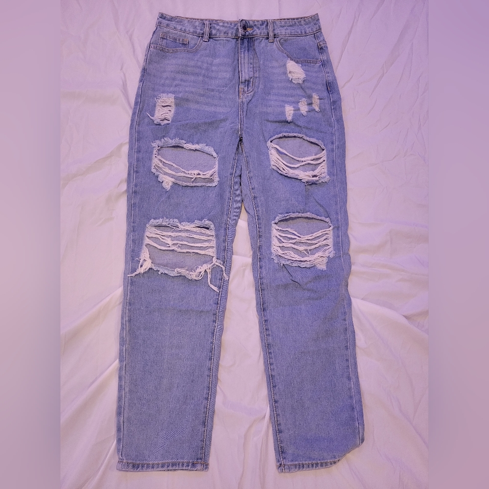 High waisted ripped baggy blue jeans